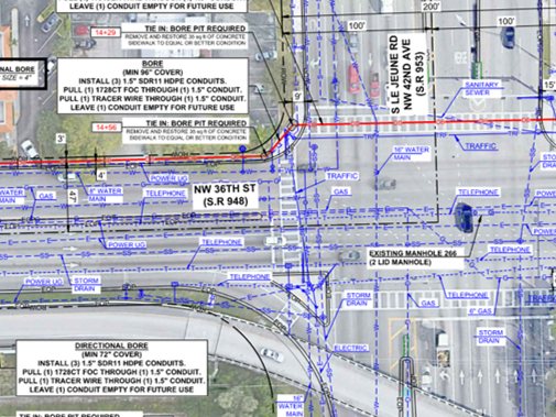 A construction drawing: bore callouts, conduit counts and every existing gas, water, power and telephone line on the street