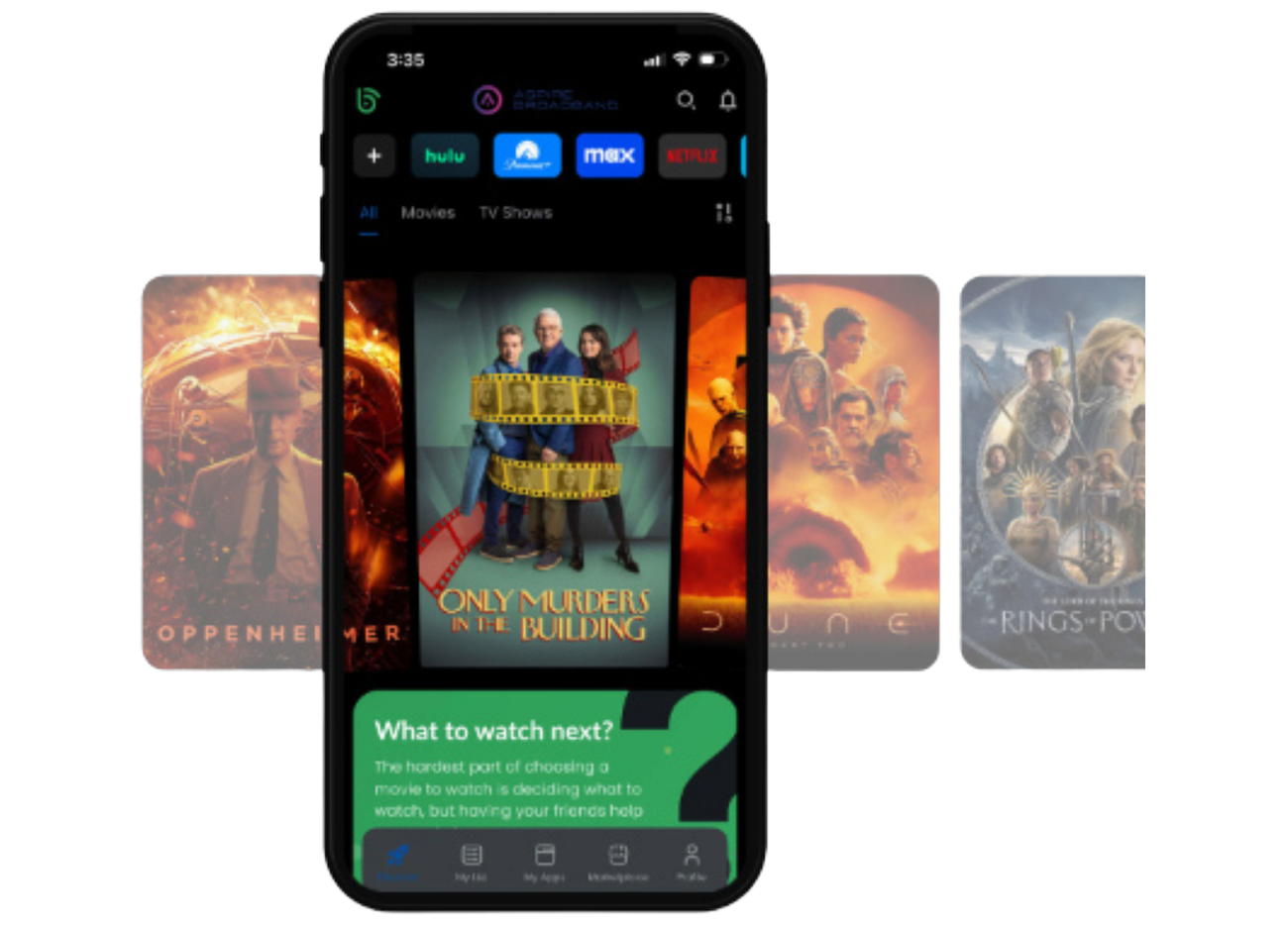 The MyBundle app on a phone, showing streaming
          services and movie recommendations with posters sliding across