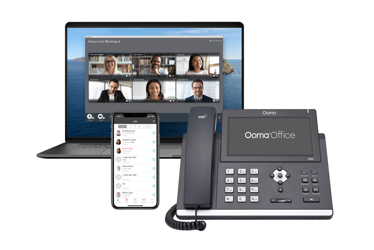 Ooma Office on a desk phone, laptop videoconference and mobile app